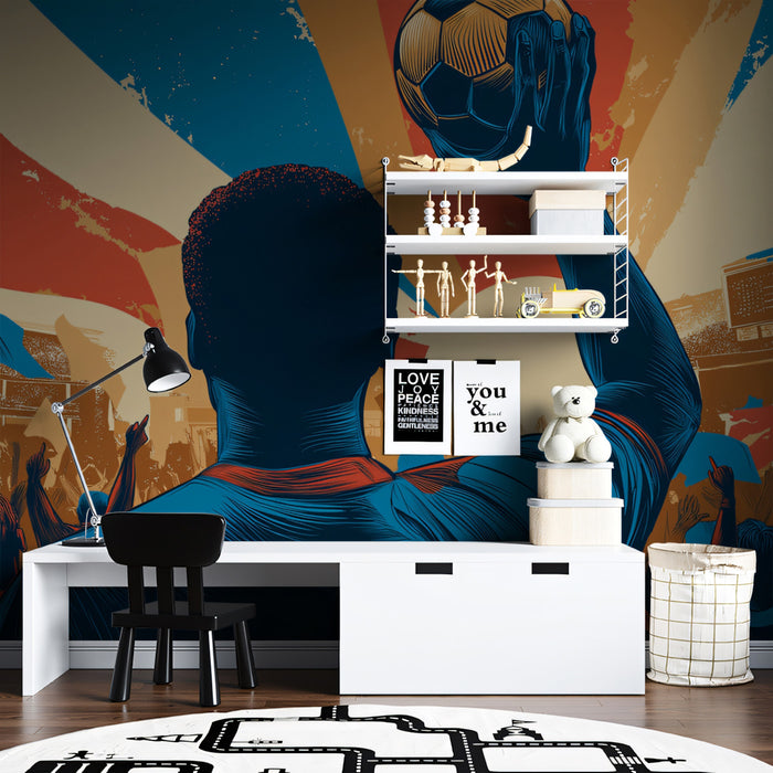 Retro Victory Silhouette Mural Wallpaper | Distressed Flag Motif, High Contrast, Patriotic Sports Art