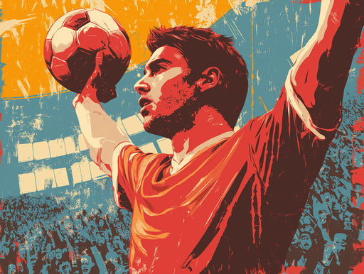 Retro graphic art style wallpaper featuring a triumphant soccer player holding a ball over a cheering stadium crowd.