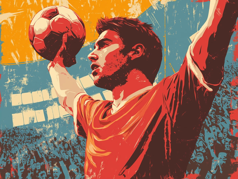 Retro graphic art style wallpaper featuring a triumphant soccer player holding a ball over a cheering stadium crowd.