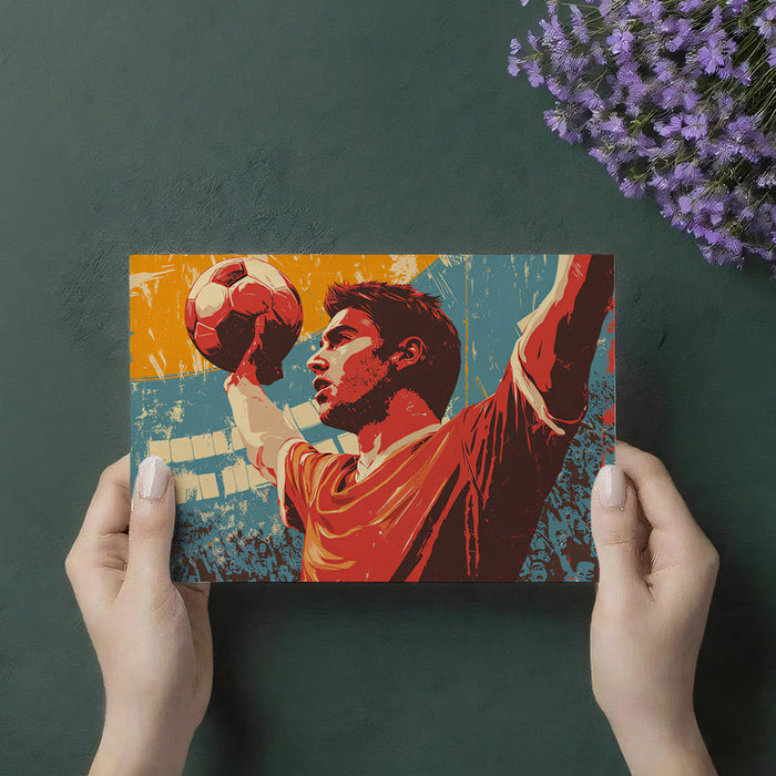 Commercial sports bar lounge decorated with a vintage-style soccer victory graphic mural.