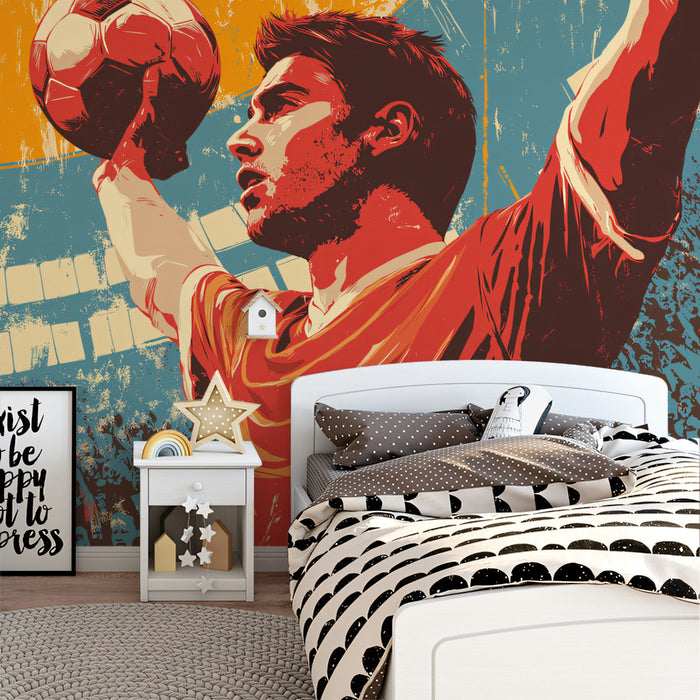 Teenage bedroom featuring a large sports-themed mural behind a desk and gaming setup.