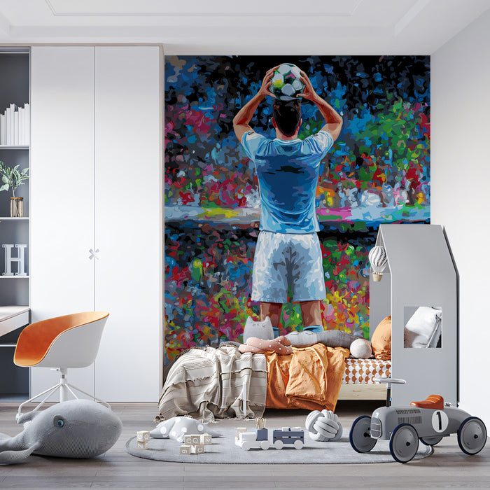 Impressionist Stadium Celebration Mural Wallpaper | Vibrant Crowd Colors, Pointillism Effect, Athlete's Back View