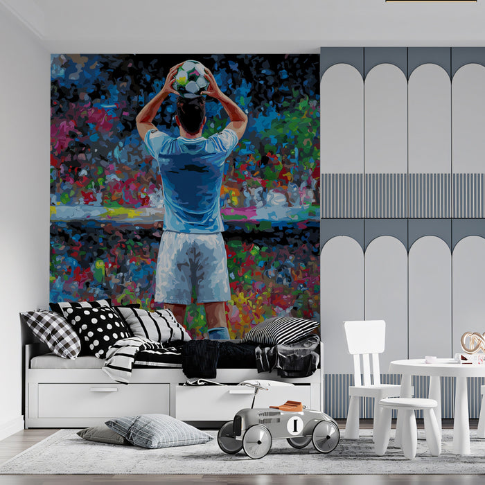 Impressionist Stadium Celebration Mural Wallpaper | Vibrant Crowd Colors, Pointillism Effect, Athlete's Back View