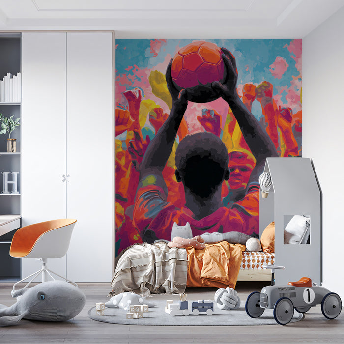 Pop Art Victory Crowd Mural Wallpaper | High-Saturation Colors, Triumphant Gesture, Expressive Crowd