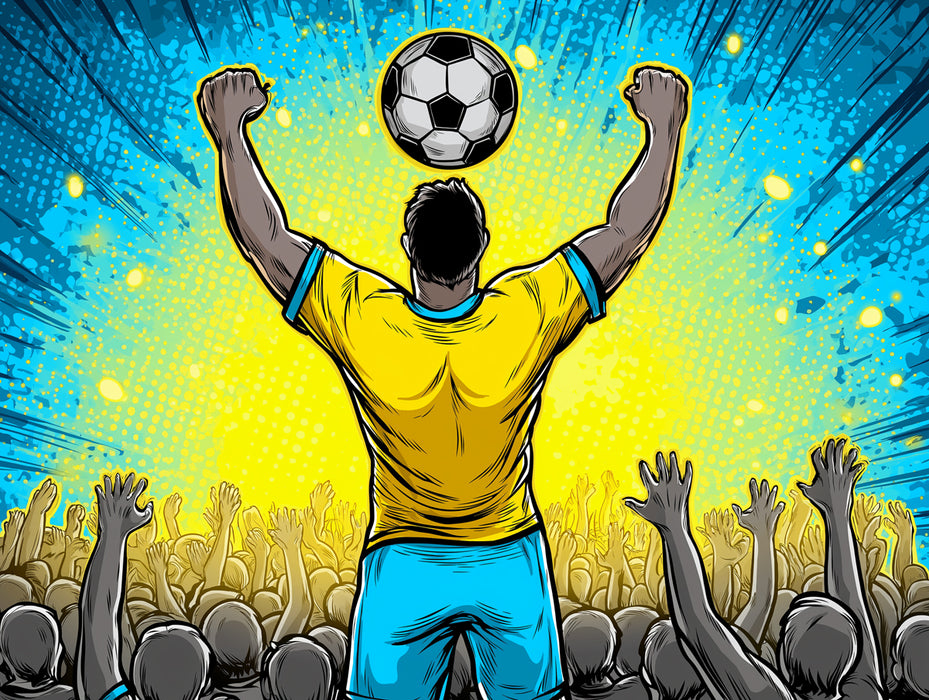 Comic Book Hero Celebration Mural Wallpaper | Yellow and Blue Contrast, Pop Dots, Stylized Athlete