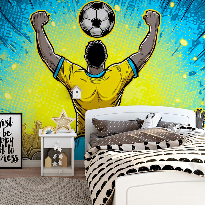 Comic Book Hero Celebration Mural Wallpaper | Yellow and Blue Contrast, Pop Dots, Stylized Athlete