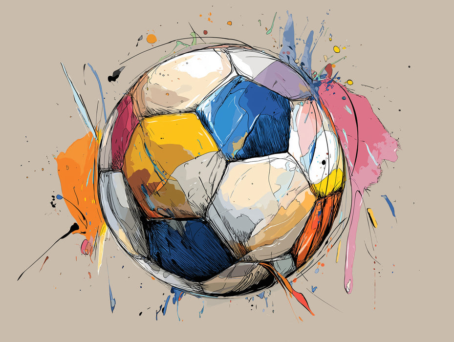 Multicolor Sketch Soccer Ball Mural Wallpaper | Ink Splatters, Abstract Art, Dynamic Texture Focus