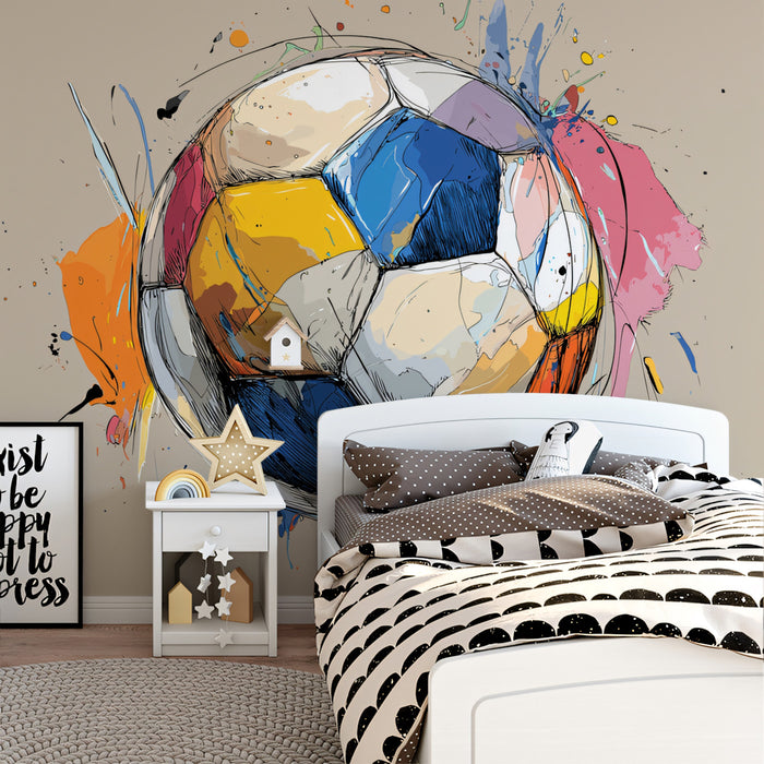 Multicolor Sketch Soccer Ball Mural Wallpaper | Ink Splatters, Abstract Art, Dynamic Texture Focus