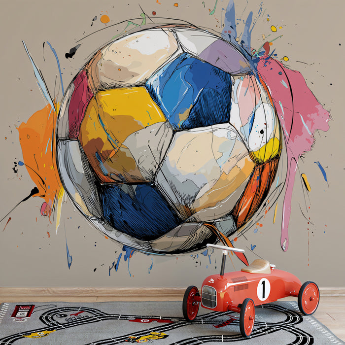 Multicolor Sketch Soccer Ball Mural Wallpaper | Ink Splatters, Abstract Art, Dynamic Texture Focus