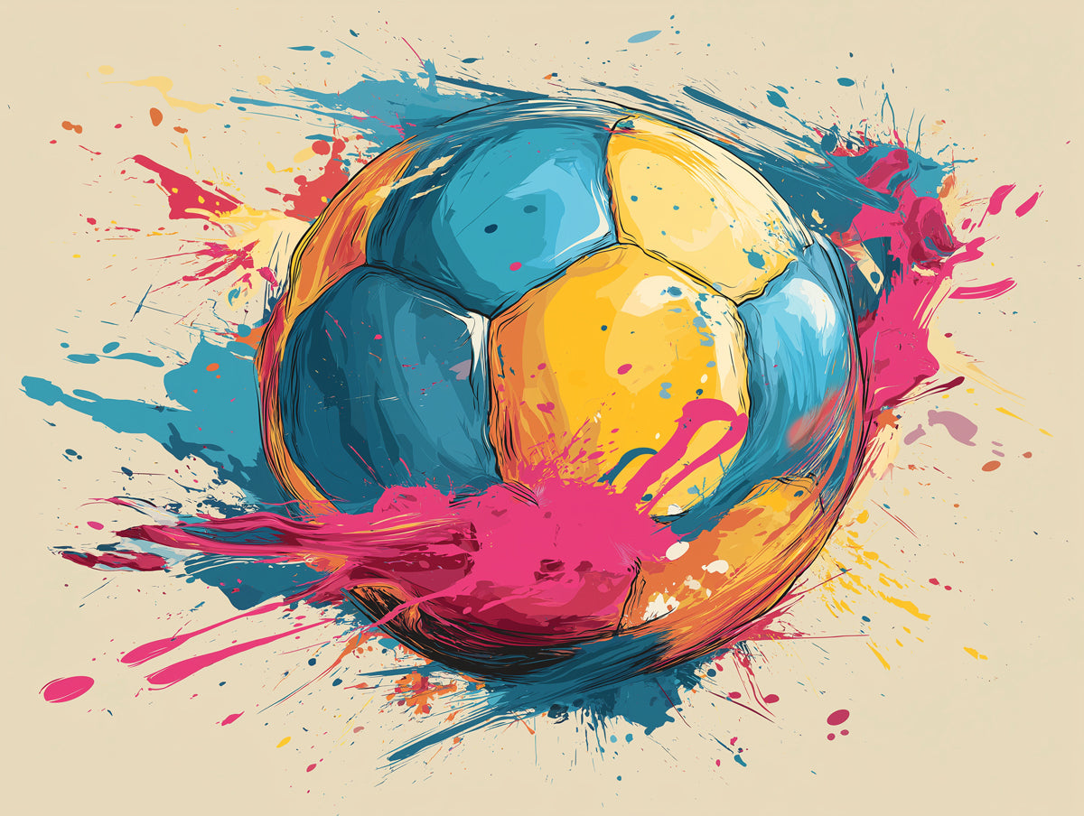 Neon Pop Art Soccer Ball Mural Wallpaper | Yellow, Blue, and Pink Contrast, Graffiti Style Splatters