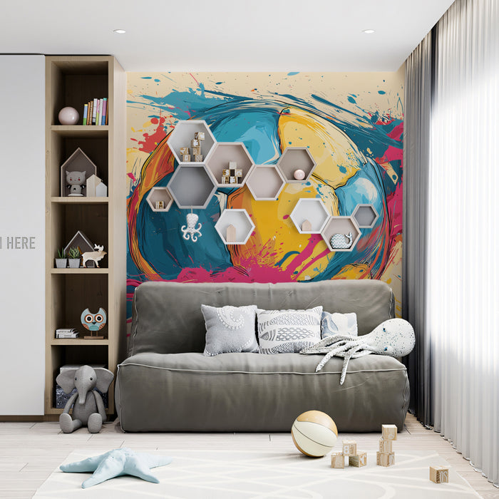 Neon Pop Art Soccer Ball Mural Wallpaper | Yellow, Blue, and Pink Contrast, Graffiti Style Splatters