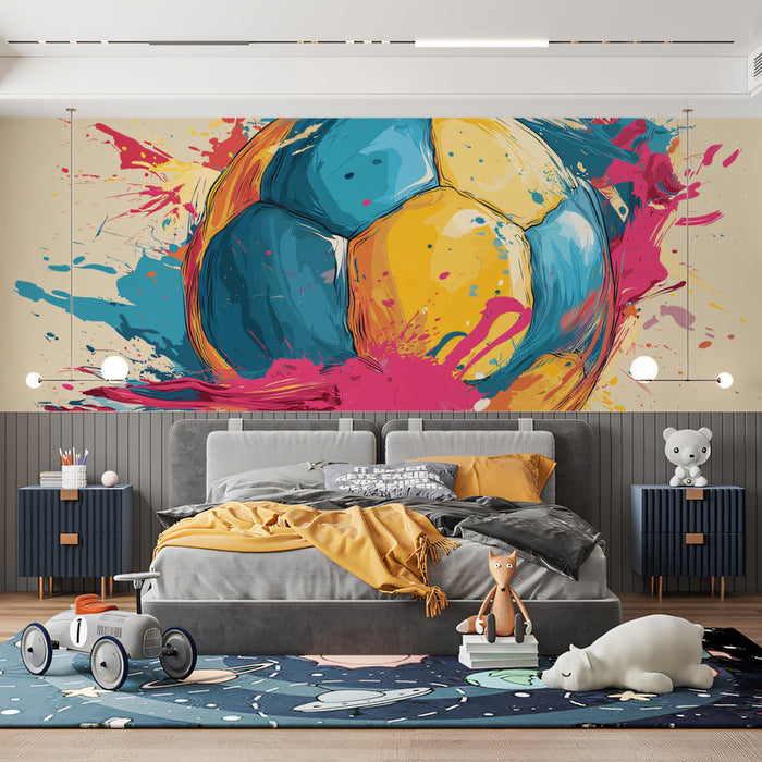Neon Pop Art Soccer Ball Mural Wallpaper | Yellow, Blue, and Pink Contrast, Graffiti Style Splatters