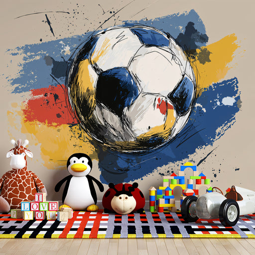 Children's room with soccer ball mural, toys, and colorful decor.