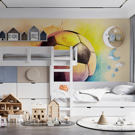 Children's room with bunk bed, toys, and colorful wall art
