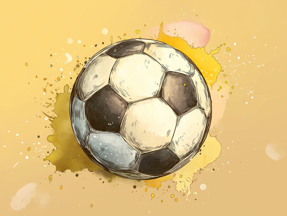 Sketch Soccer Ball Watercolor Mural Wallpaper | Neutral Tones, Subtle Splatters, Warm Yellow Background