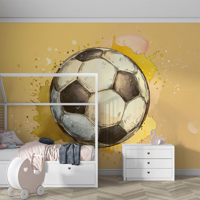 Sketch Soccer Ball Watercolor Mural Wallpaper | Neutral Tones, Subtle Splatters, Warm Yellow Background