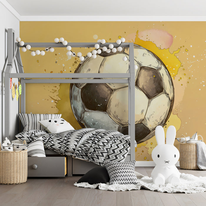 Sketch Soccer Ball Watercolor Mural Wallpaper | Neutral Tones, Subtle Splatters, Warm Yellow Background
