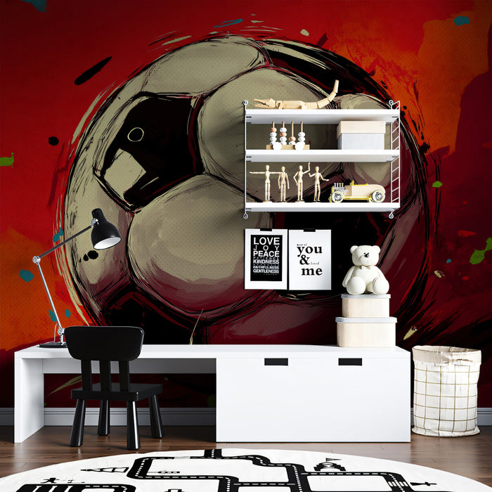 Dynamic Sketch Soccer Ball Mural Wallpaper | Red and Black Contrast, Grunge Brushstrokes, High-Energy Art