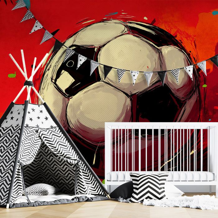 Dynamic Sketch Soccer Ball Mural Wallpaper | Red and Black Contrast, Grunge Brushstrokes, High-Energy Art