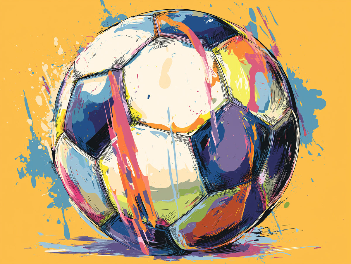 Abstract Expressionist Soccer Ball Mural Wallpaper | Multicolor Splatter, Warm Yellow Background, Vibrant Contrast