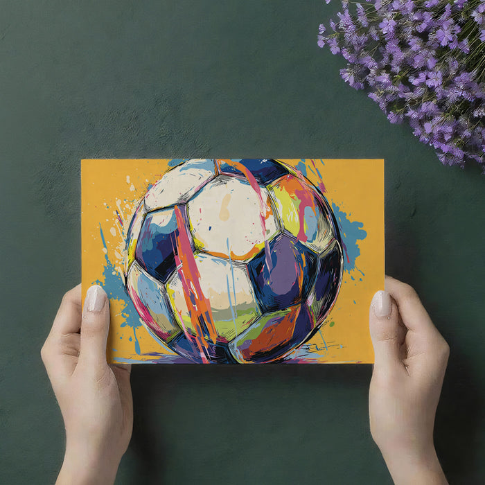 Abstract Expressionist Soccer Ball Mural Wallpaper | Multicolor Splatter, Warm Yellow Background, Vibrant Contrast
