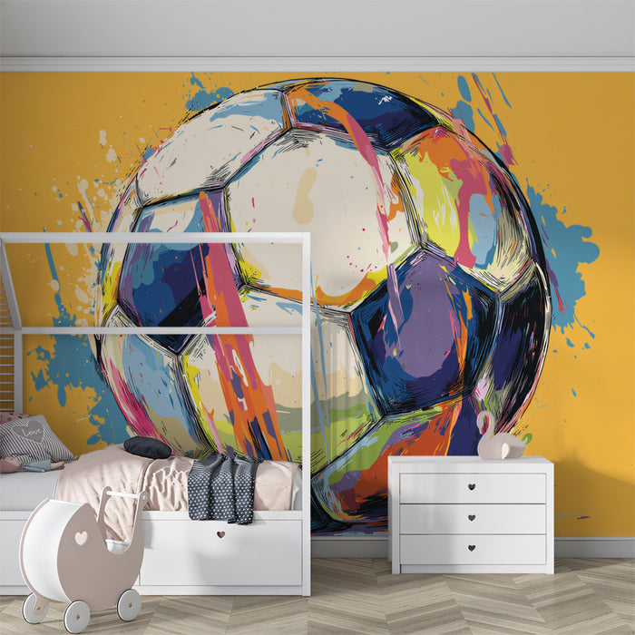 Abstract Expressionist Soccer Ball Mural Wallpaper | Multicolor Splatter, Warm Yellow Background, Vibrant Contrast