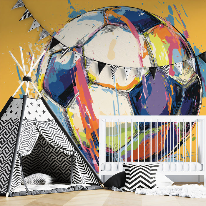Abstract Expressionist Soccer Ball Mural Wallpaper | Multicolor Splatter, Warm Yellow Background, Vibrant Contrast