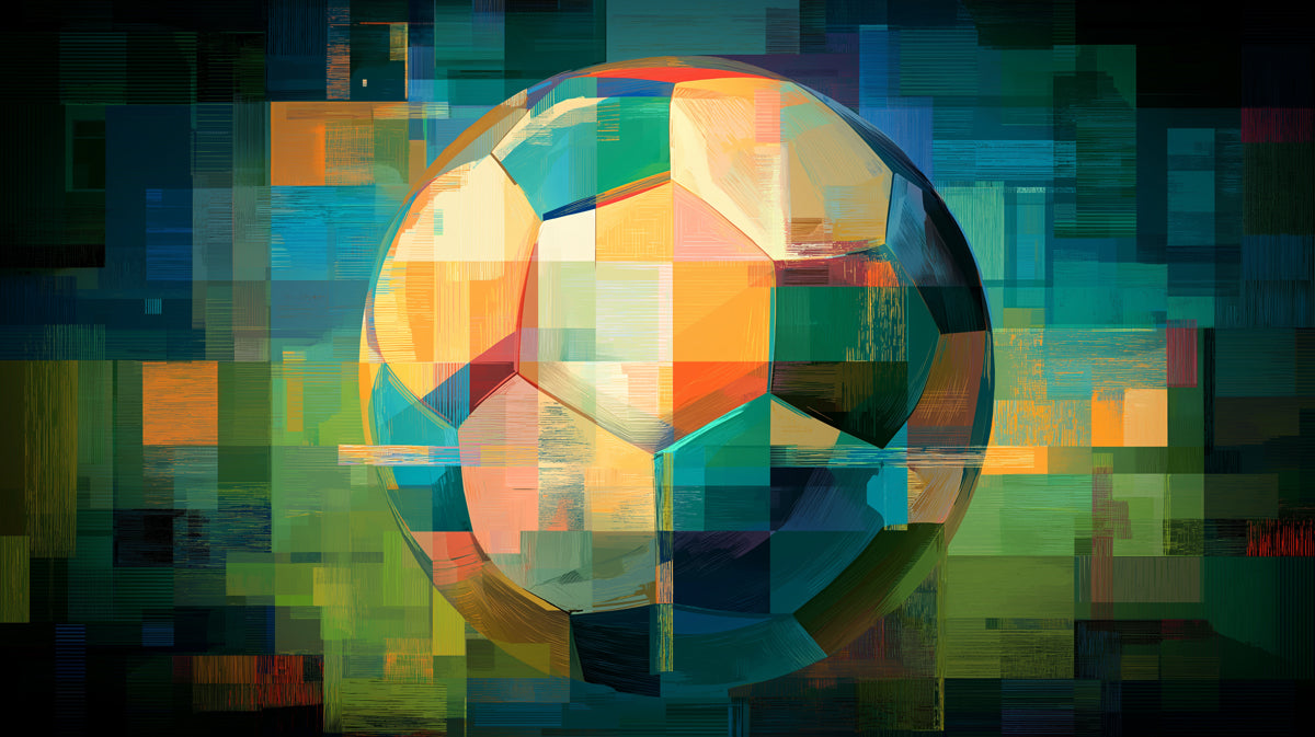 Pixel Glitch Soccer Ball Mural Wallpaper | Digital Mosaic Texture, Abstract Cubist Style, Intense Green and Blue