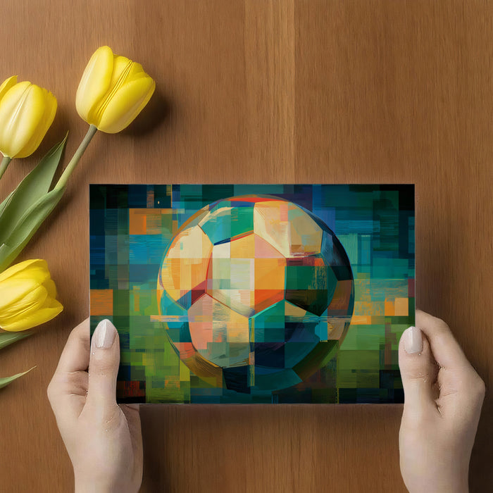 Pixel Glitch Soccer Ball Mural Wallpaper | Digital Mosaic Texture, Abstract Cubist Style, Intense Green and Blue