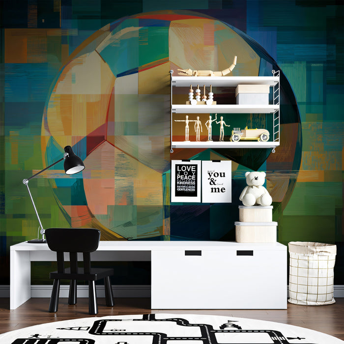 Pixel Glitch Soccer Ball Mural Wallpaper | Digital Mosaic Texture, Abstract Cubist Style, Intense Green and Blue