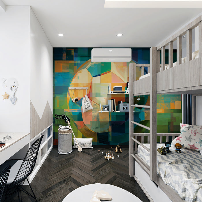 Pixel Glitch Soccer Ball Mural Wallpaper | Digital Mosaic Texture, Abstract Cubist Style, Intense Green and Blue