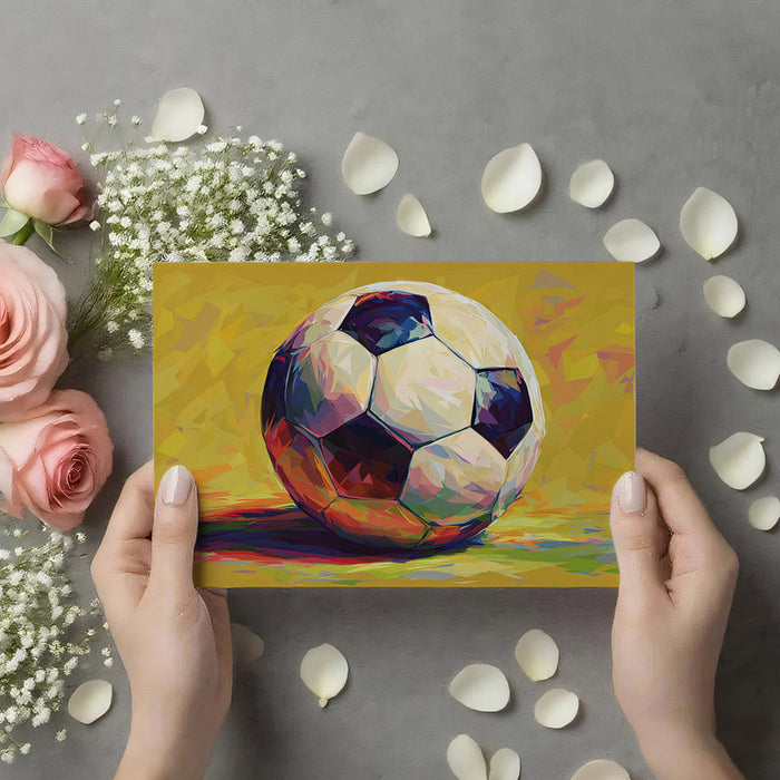 Polychromatic Cubist Soccer Ball Mural Wallpaper | Yellow Backdrop, Geometric Facets, Expressionist Light