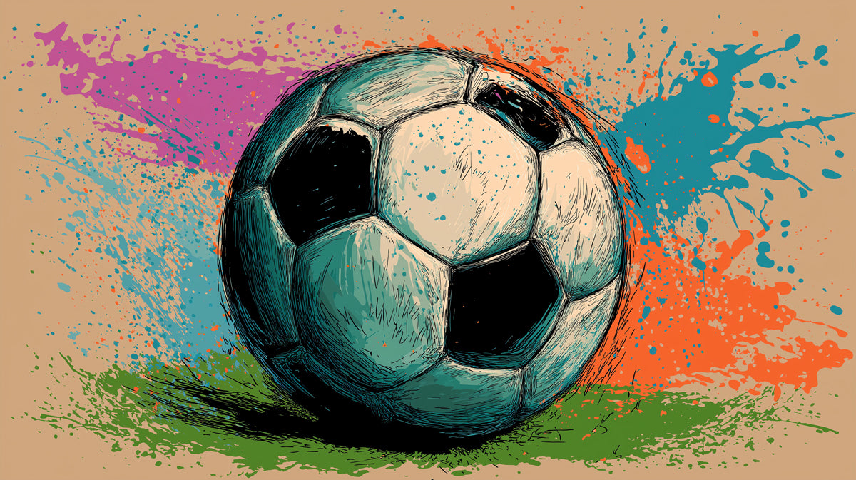 Grunge Sketch Soccer Ball Mural Wallpaper | Neon Splatters, Turquoise and Orange, Neutral Backdrop