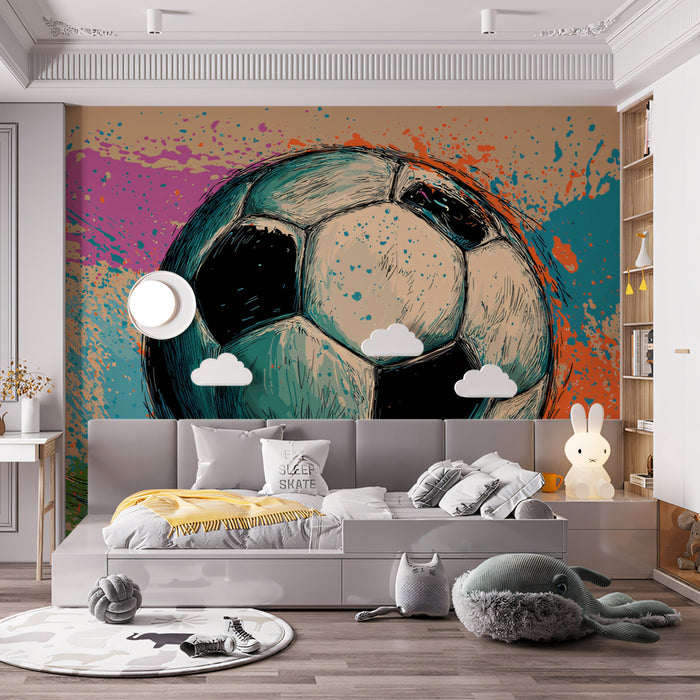 Grunge Sketch Soccer Ball Mural Wallpaper | Neon Splatters, Turquoise and Orange, Neutral Backdrop