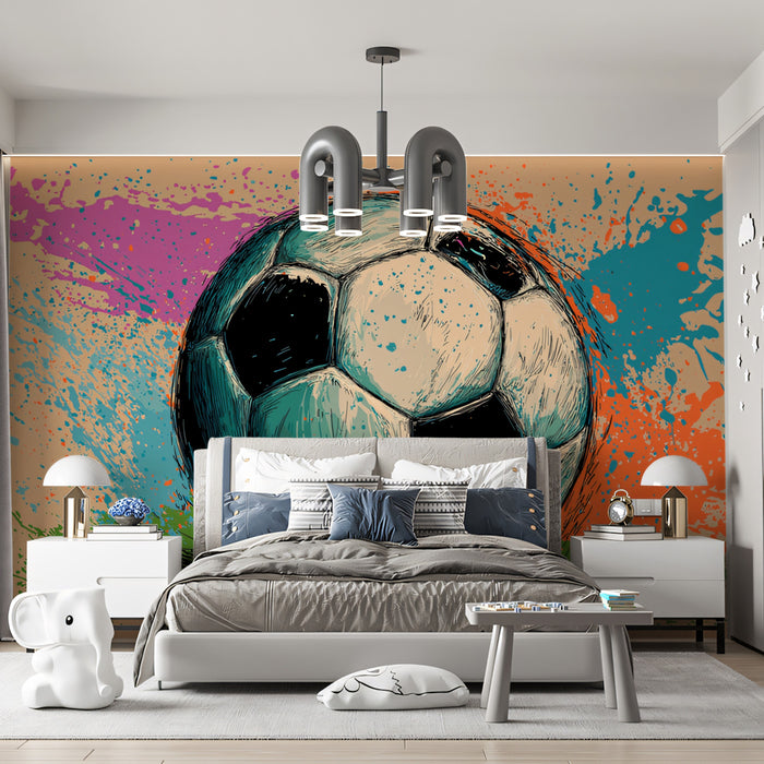 Grunge Sketch Soccer Ball Mural Wallpaper | Neon Splatters, Turquoise and Orange, Neutral Backdrop