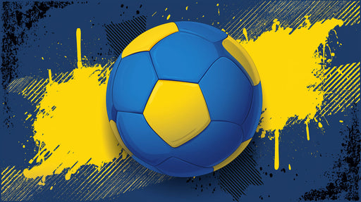 Soccer ball mural with vibrant yellow paint splashes and blue distressed background