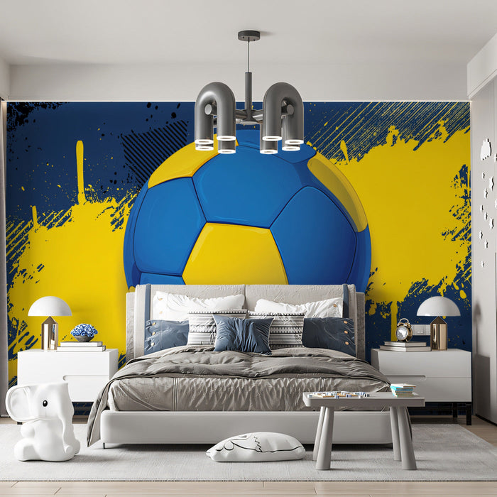 Kid's bedroom with professional soccer mural in blue and yellow colors