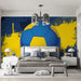 Kid's bedroom with professional soccer mural in blue and yellow colors