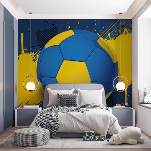 Sports themed bedroom with dynamic soccer mural on the feature wall