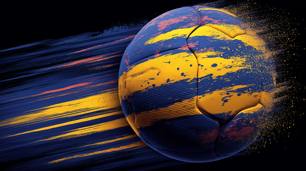 High-Speed Motion Soccer Ball Mural Wallpaper | Dynamic Streaks, Blue and Yellow, Digital Fragmentation