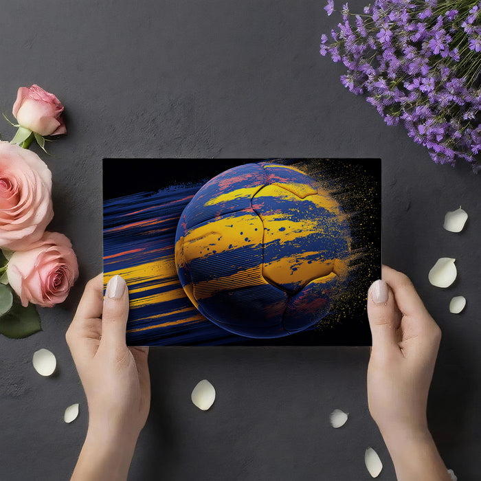 High-Speed Motion Soccer Ball Mural Wallpaper | Dynamic Streaks, Blue and Yellow, Digital Fragmentation