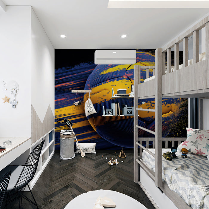 High-Speed Motion Soccer Ball Mural Wallpaper | Dynamic Streaks, Blue and Yellow, Digital Fragmentation