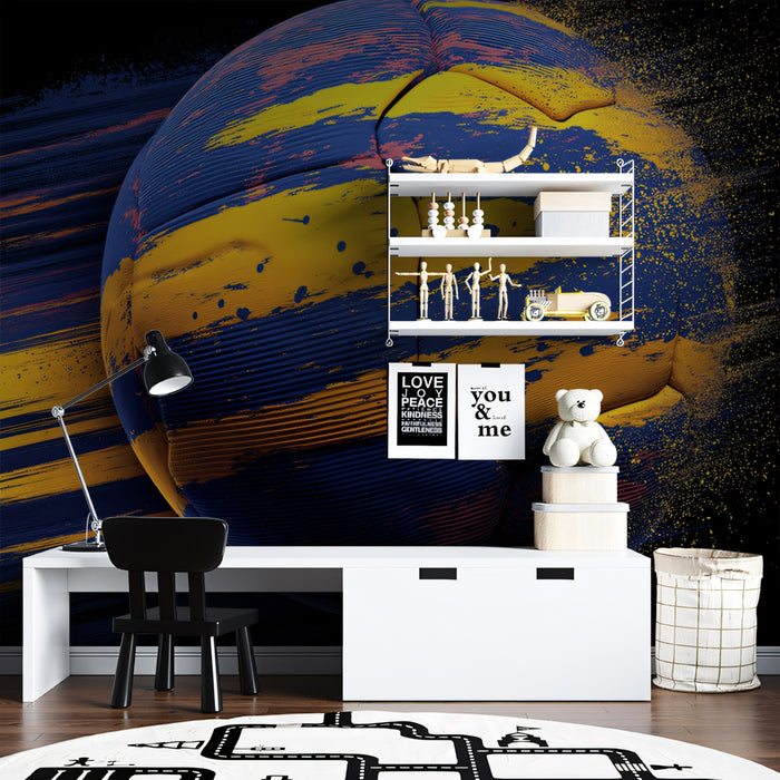 High-Speed Motion Soccer Ball Mural Wallpaper | Dynamic Streaks, Blue and Yellow, Digital Fragmentation