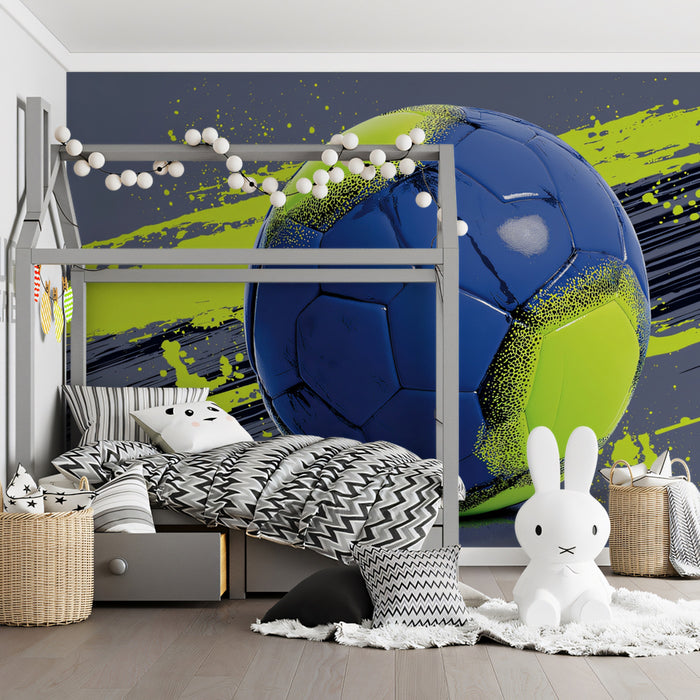 Neon Sport Ball Grunge Mural Wallpaper | Electric Lime and Blue, High-Tech Contrast, Textured Splatter