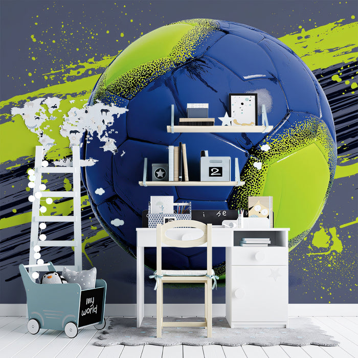 Neon Sport Ball Grunge Mural Wallpaper | Electric Lime and Blue, High-Tech Contrast, Textured Splatter