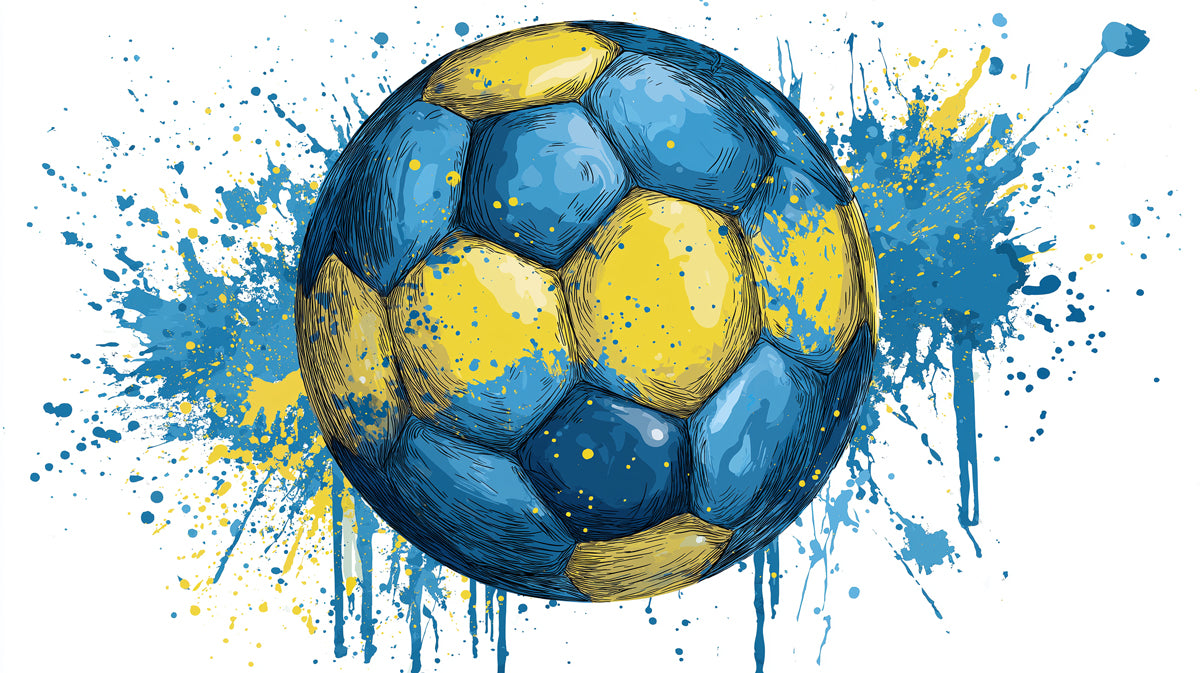 Sketch Blue and Yellow Soccer Ball Mural Wallpaper | Ink Splatters, Patriotic Color Scheme, Dynamic Hand-Drawn Art