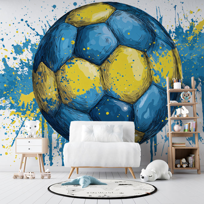 Sketch Blue and Yellow Soccer Ball Mural Wallpaper | Ink Splatters, Patriotic Color Scheme, Dynamic Hand-Drawn Art