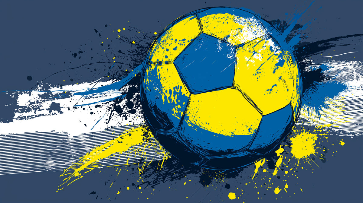 Grunge Swedish Flag Soccer Ball Mural Wallpaper | Blue and Yellow Contrast, Aggressive Splatter, Dynamic Movement