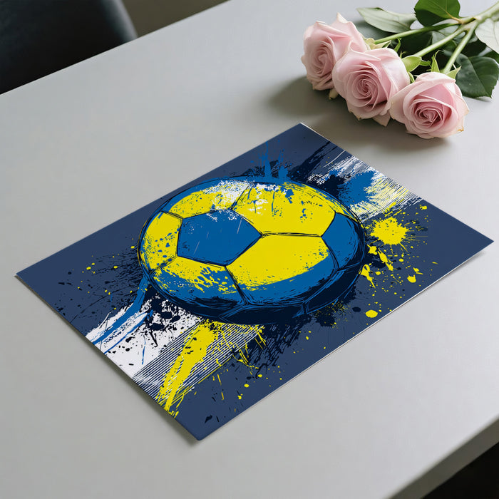 Grunge Swedish Flag Soccer Ball Mural Wallpaper | Blue and Yellow Contrast, Aggressive Splatter, Dynamic Movement