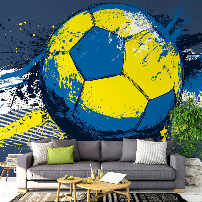 Grunge Swedish Flag Soccer Ball Mural Wallpaper | Blue and Yellow Contrast, Aggressive Splatter, Dynamic Movement